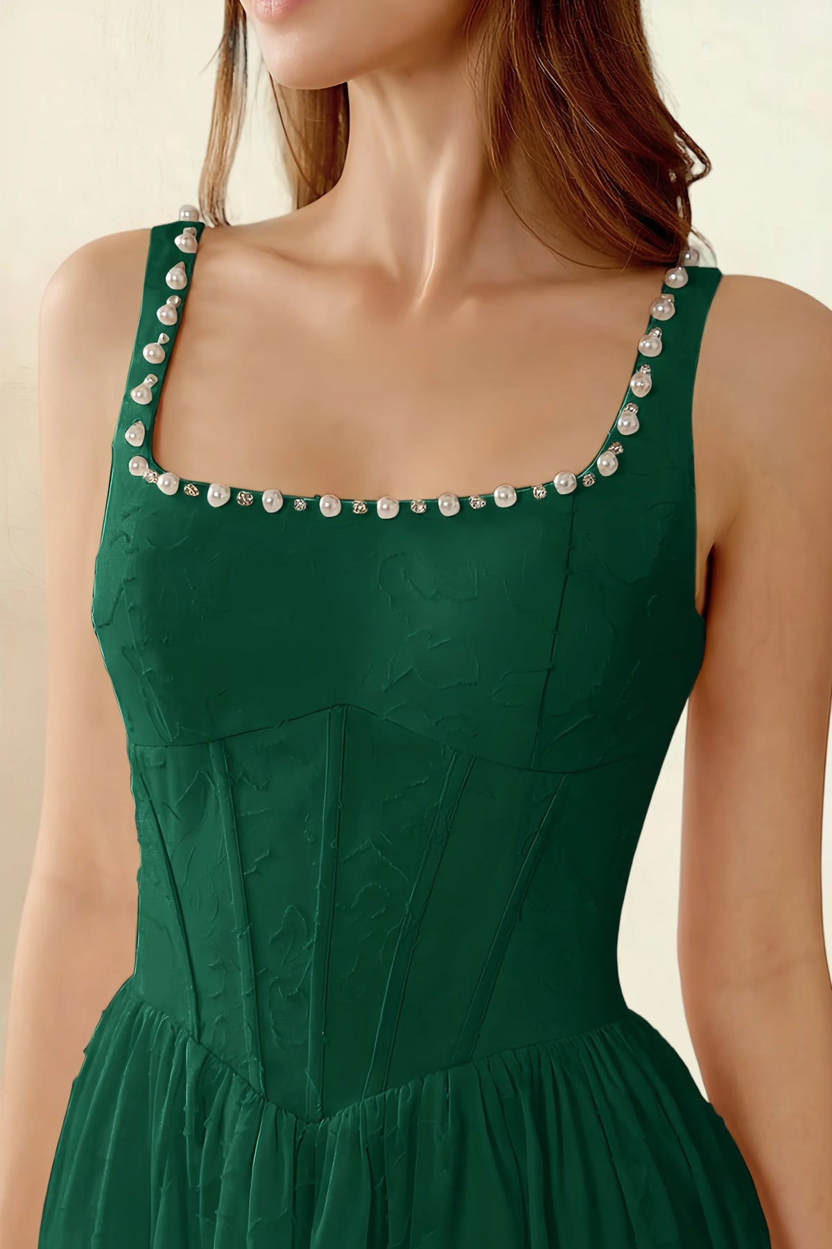 Alana Emerald Green Jacquard Pearl Midi Dress with Pockets