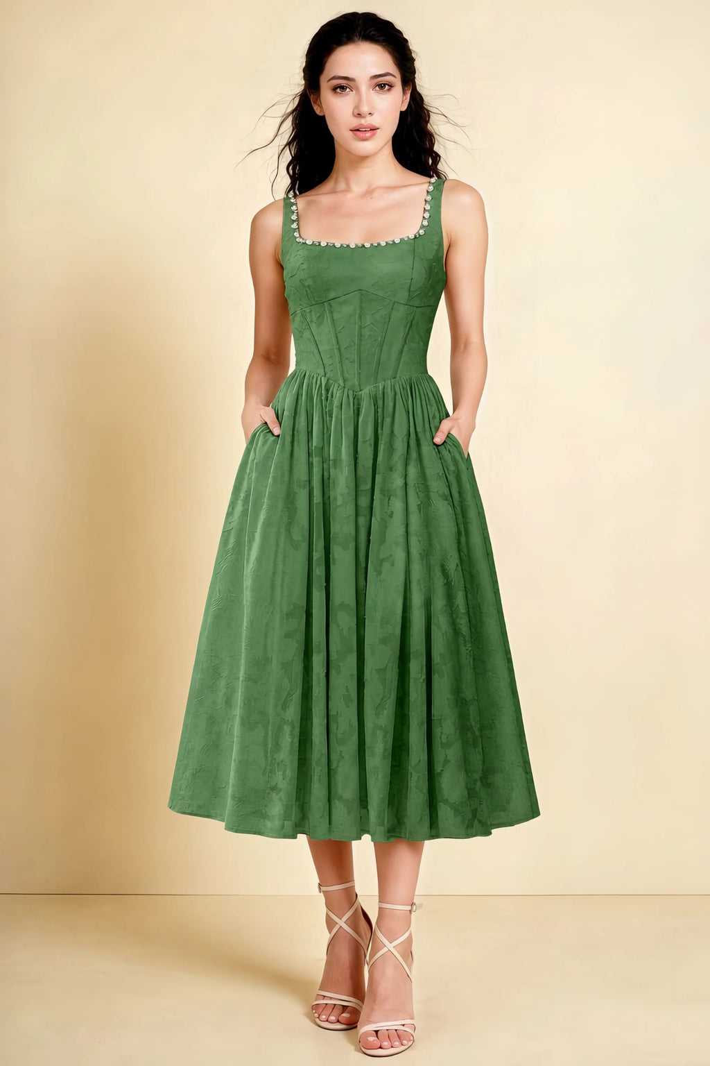 Alana Eucalyptus Jacquard Pearl Midi Dress with Pockets