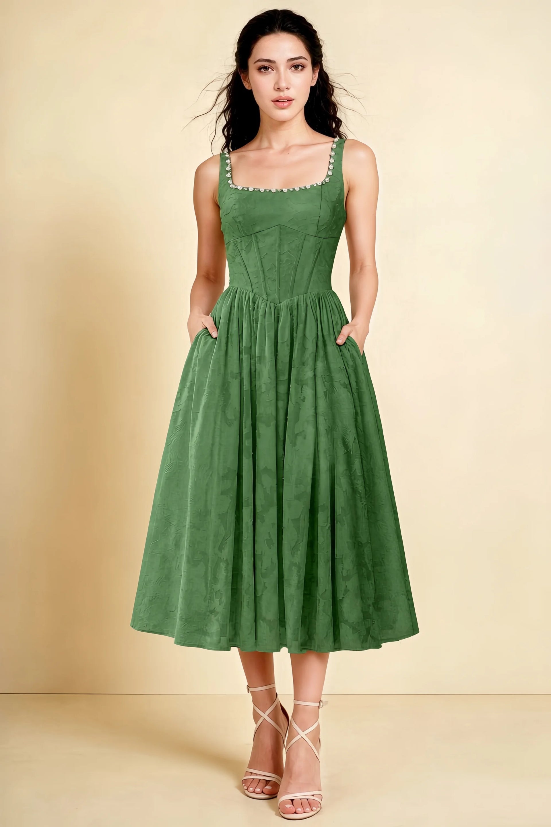 Alana Eucalyptus Jacquard Pearl Midi Dress with Pockets