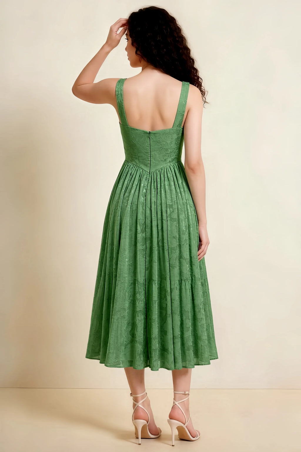 Alana Eucalyptus Jacquard Pearl Midi Dress with Pockets