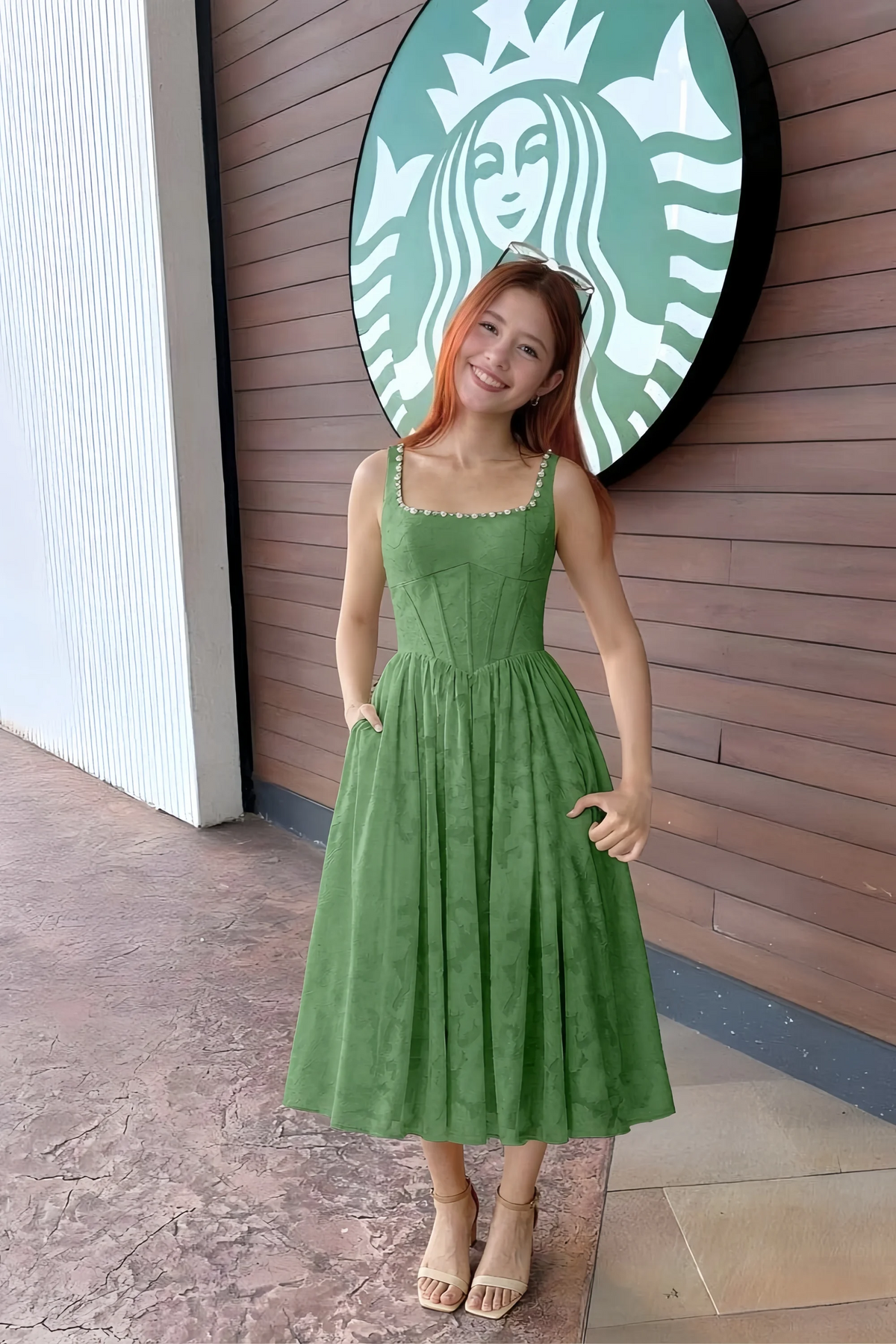 Alana Eucalyptus Jacquard Pearl Midi Dress with Pockets