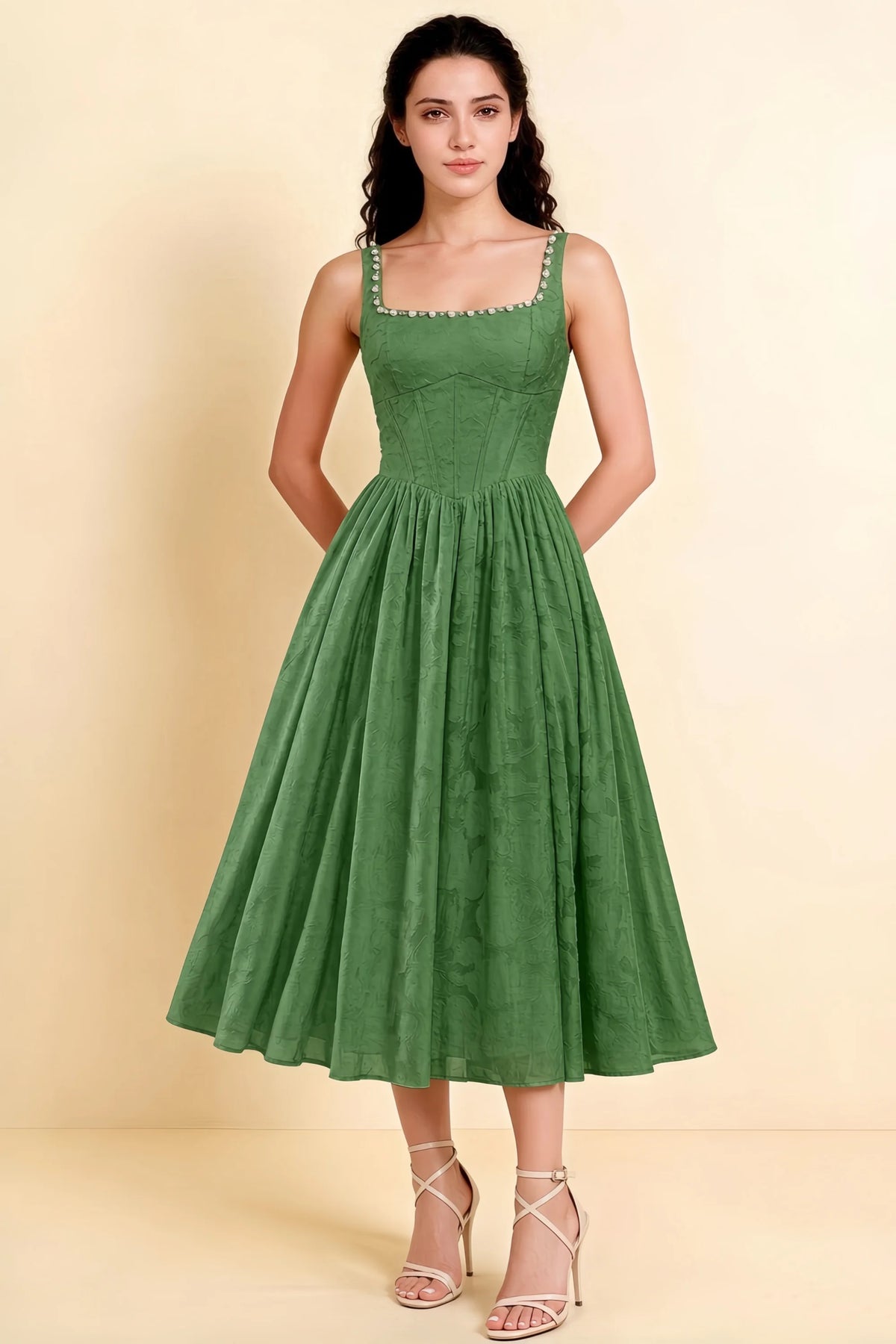 Alana Eucalyptus Jacquard Pearl Midi Dress with Pockets