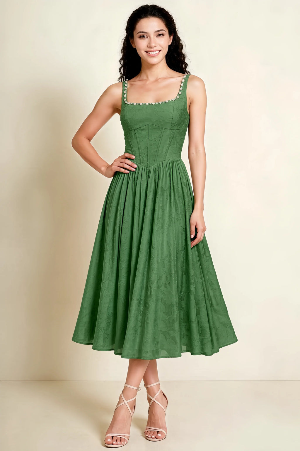 Alana Eucalyptus Jacquard Pearl Midi Dress with Pockets