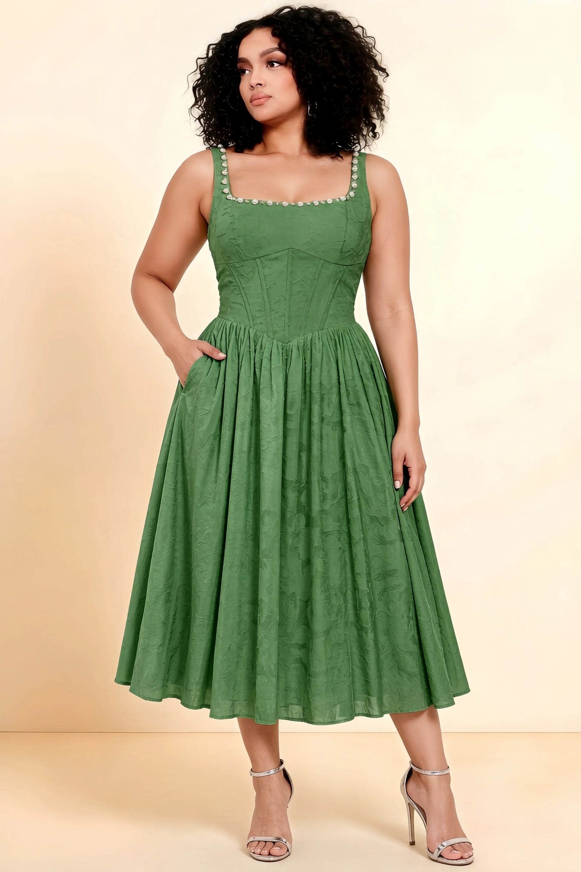 Alana Eucalyptus Jacquard Pearl Midi Dress with Pockets
