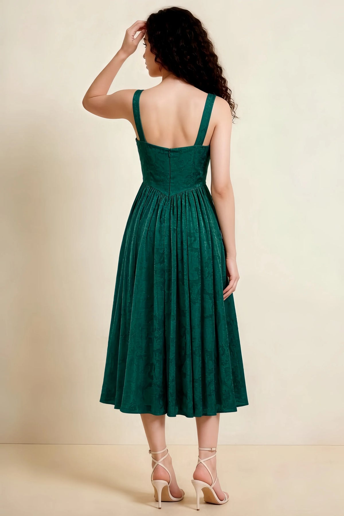 Alana Forest Green Jacquard Pearl Midi Dress with Pockets