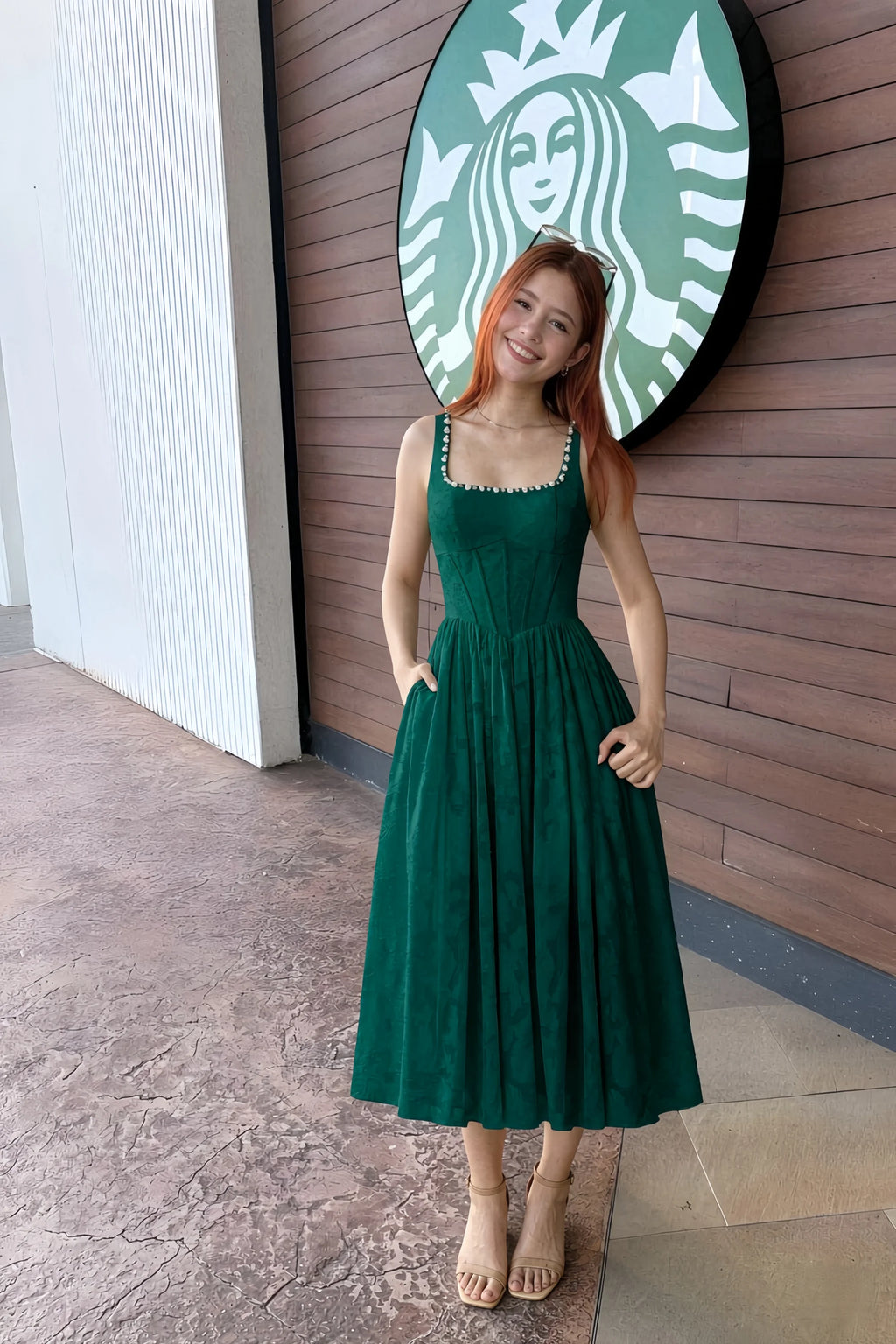 Alana Forest Green Jacquard Pearl Midi Dress with Pockets
