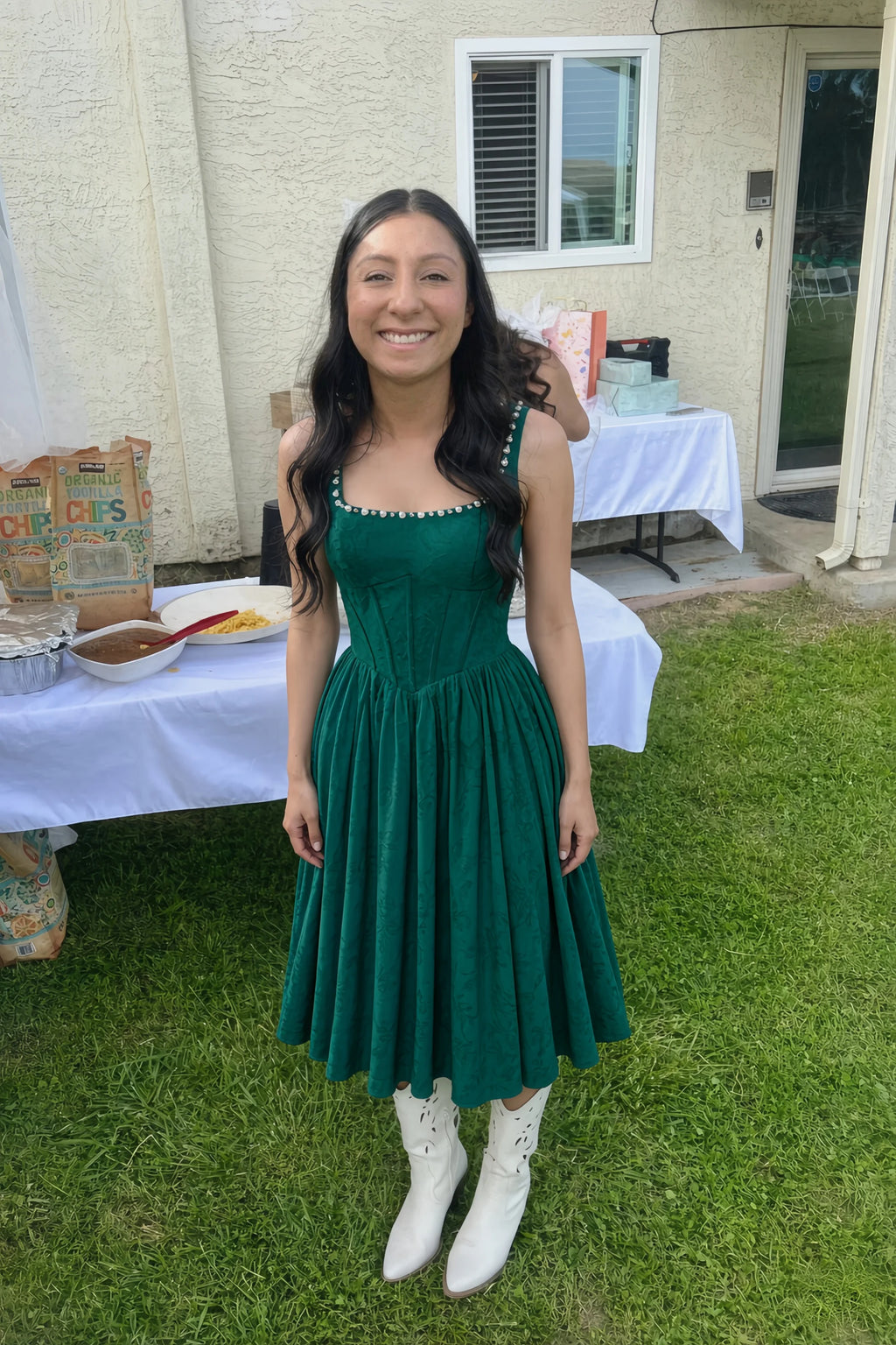 Alana Forest Green Jacquard Pearl Midi Dress with Pockets