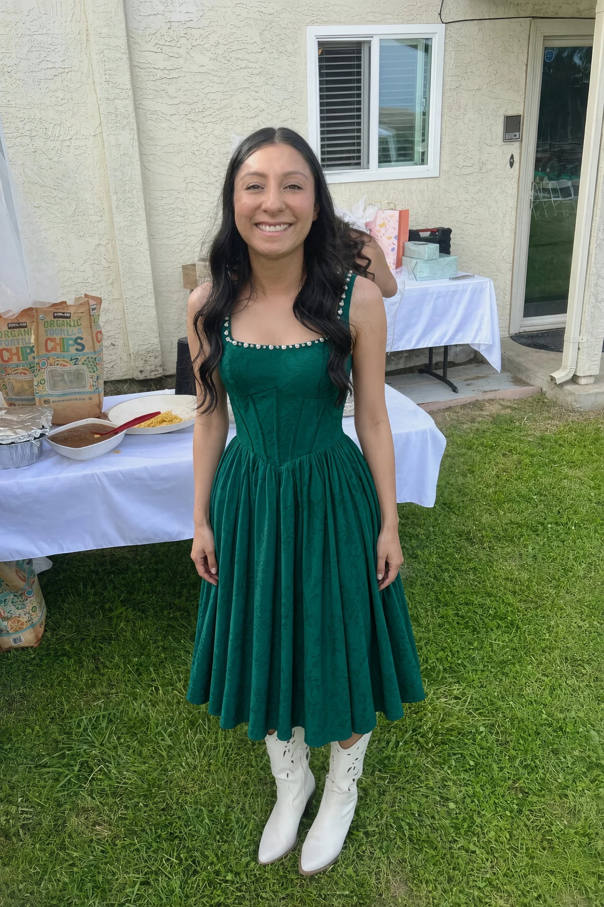 Alana Forest Green Jacquard Pearl Midi Dress with Pockets