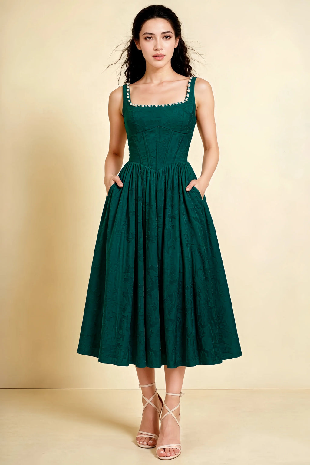 Alana Forest Green Jacquard Pearl Midi Dress with Pockets