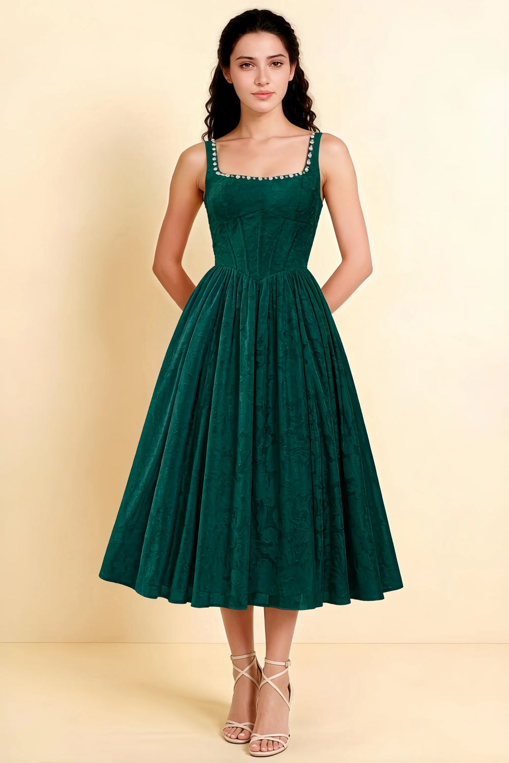 Alana Forest Green Jacquard Pearl Midi Dress with Pockets