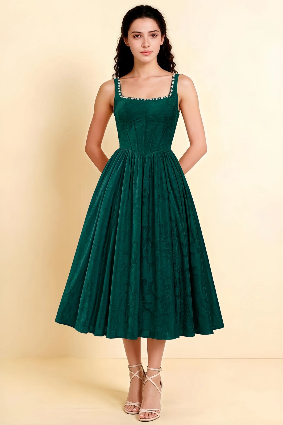 Alana Forest Green Jacquard Pearl Midi Dress with Pockets