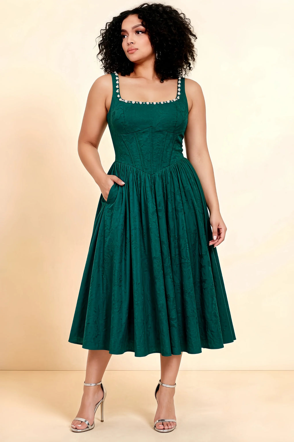 Alana Forest Green Jacquard Pearl Midi Dress with Pockets