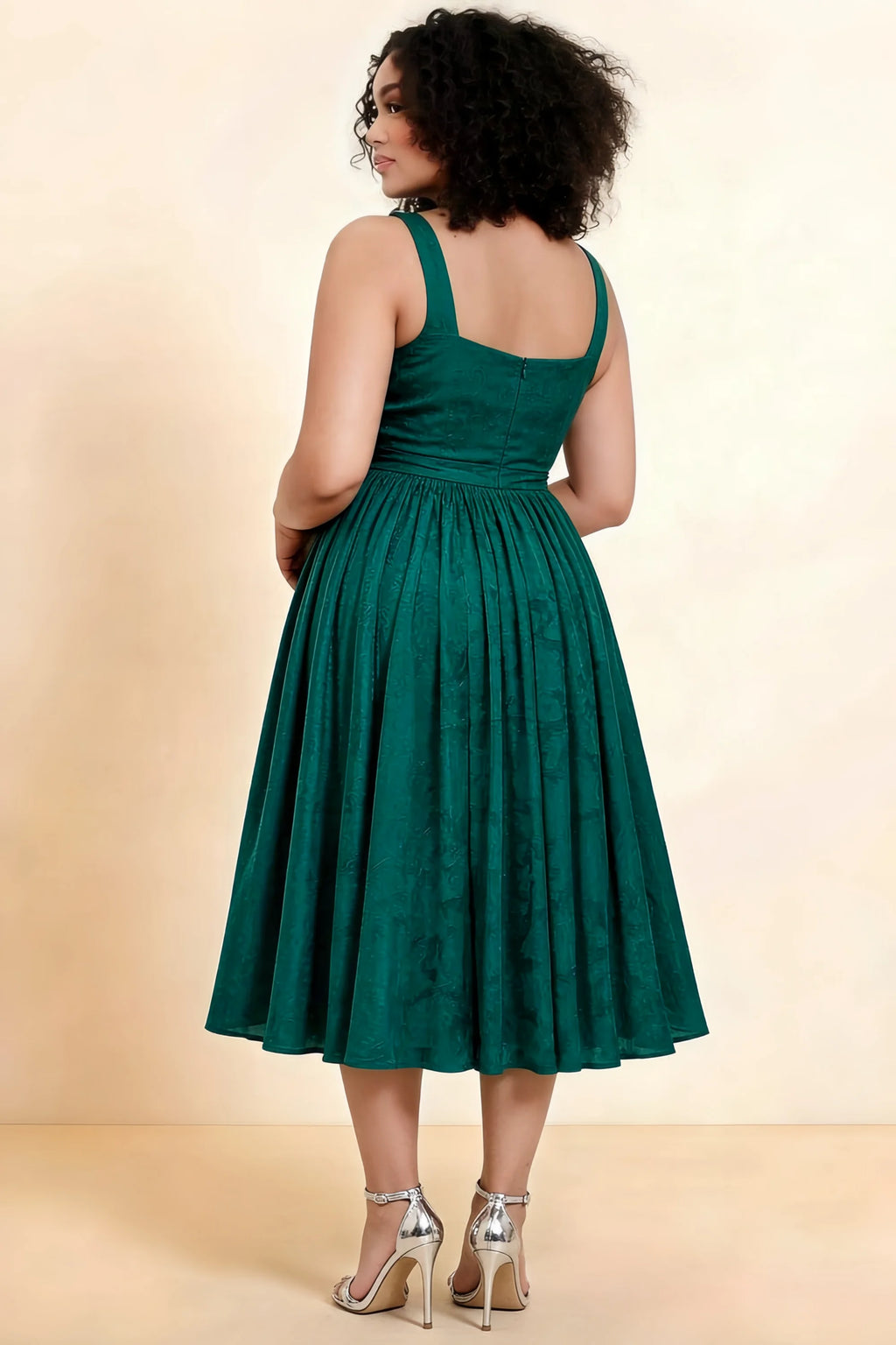 Alana Forest Green Jacquard Pearl Midi Dress with Pockets