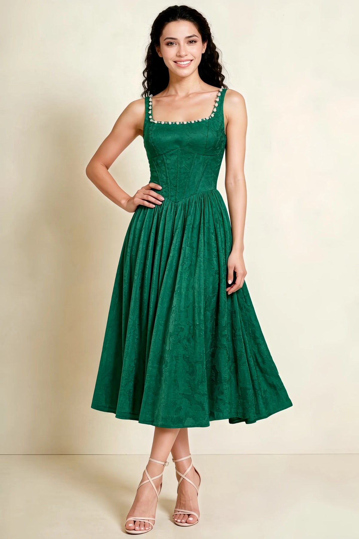 Alana Hunter Green Jacquard Pearl Midi Dress with Pockets