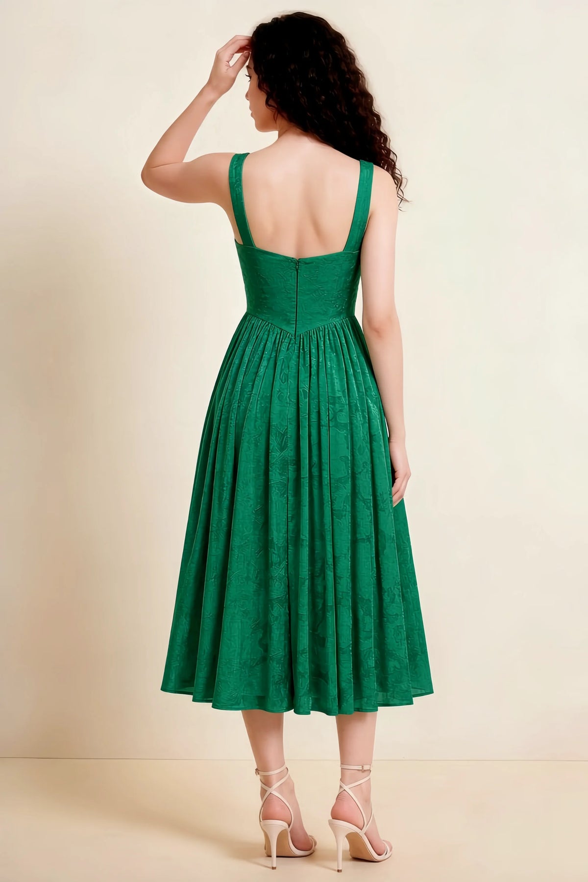 Alana Hunter Green Jacquard Pearl Midi Dress with Pockets