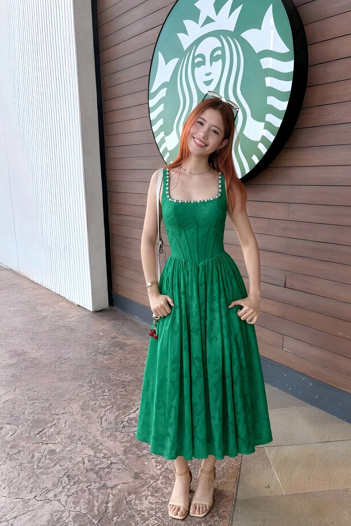 Alana Hunter Green Jacquard Pearl Midi Dress with Pockets