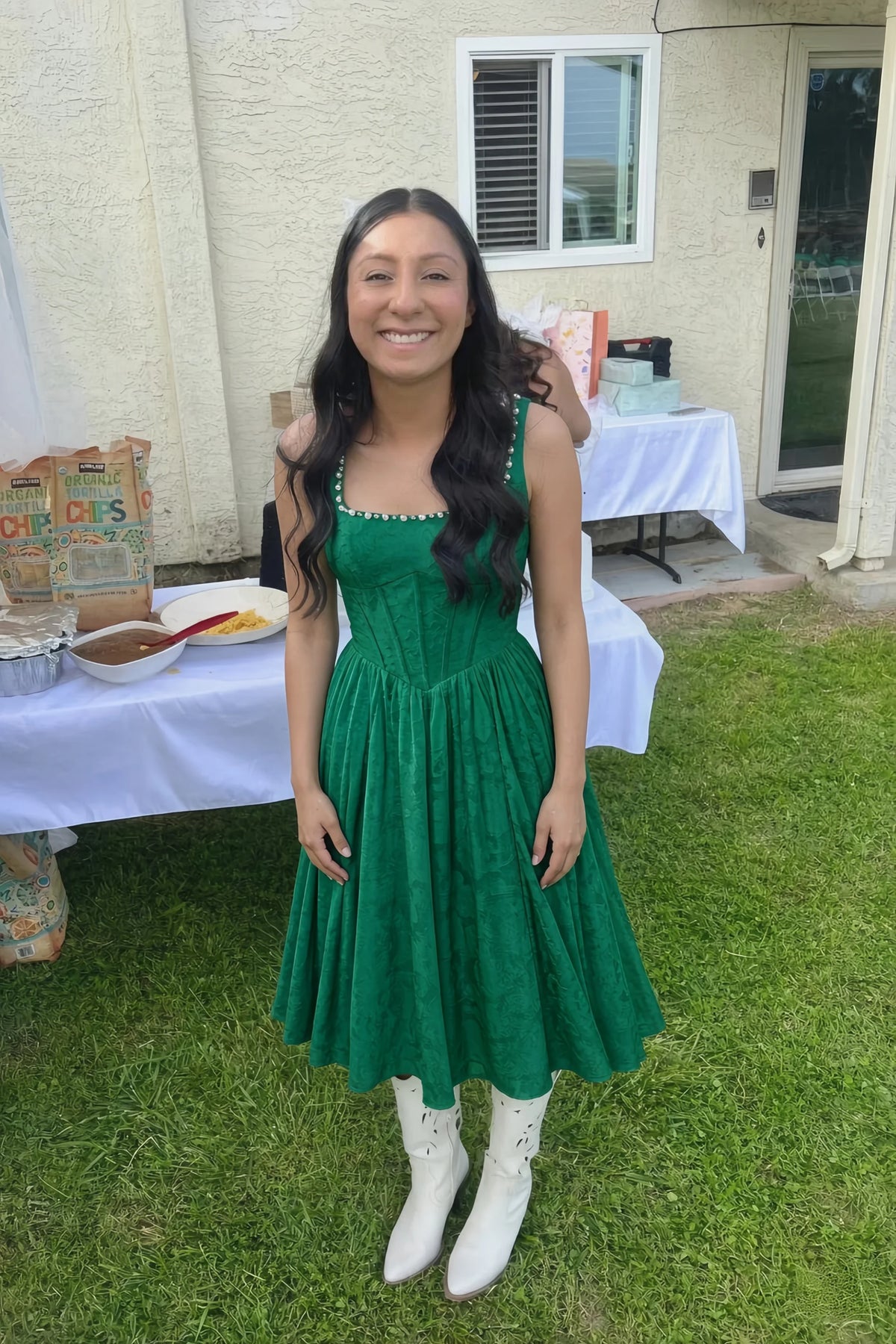 Alana Hunter Green Jacquard Pearl Midi Dress with Pockets