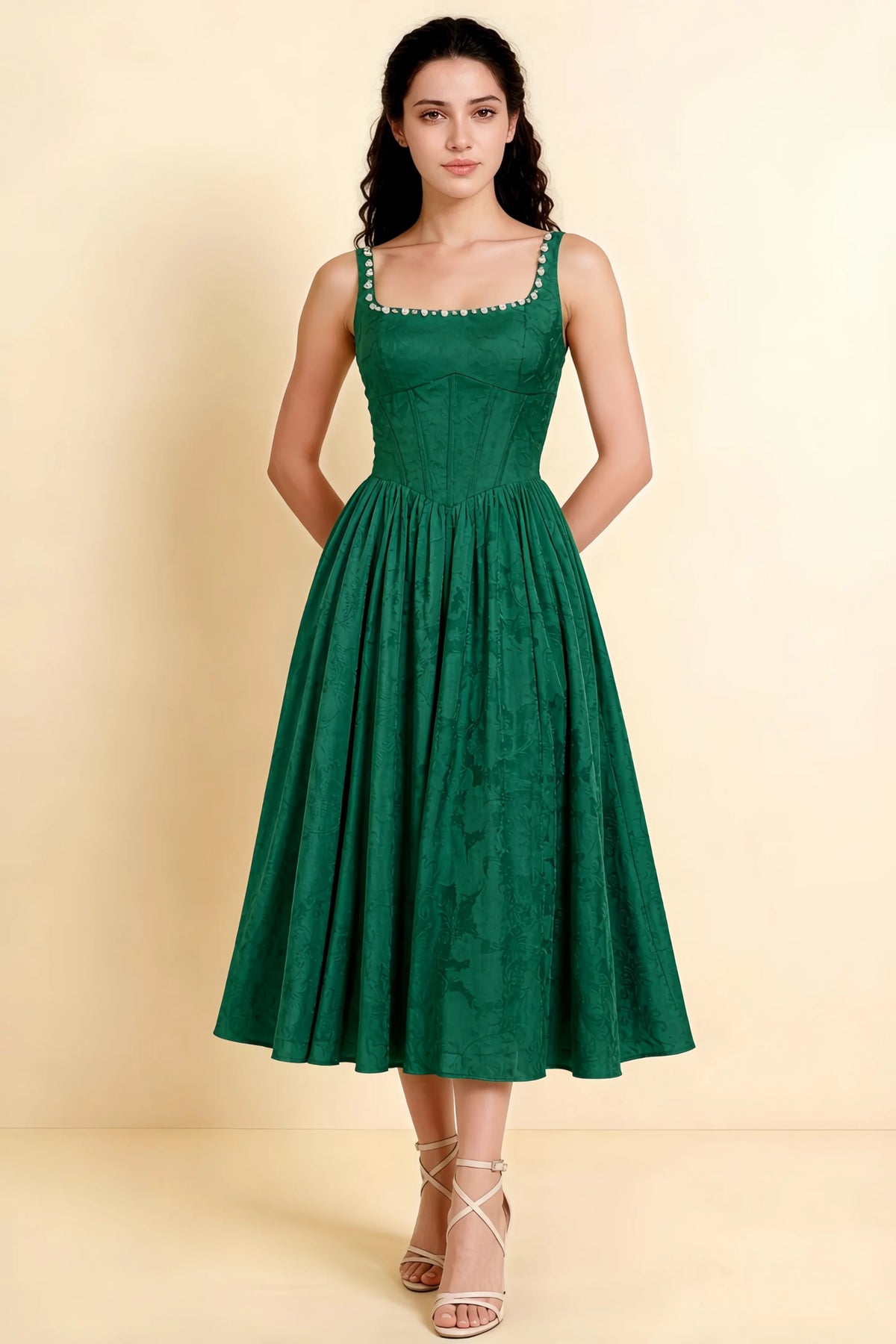 Alana Hunter Green Jacquard Pearl Midi Dress with Pockets