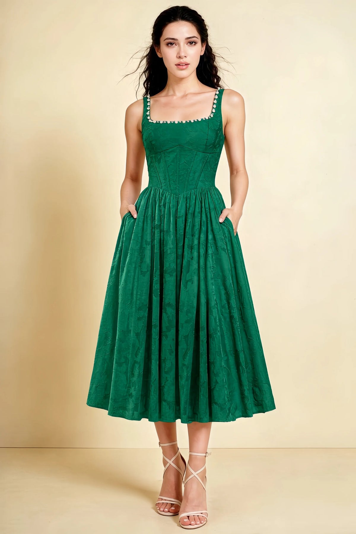 Alana Hunter Green Jacquard Pearl Midi Dress with Pockets