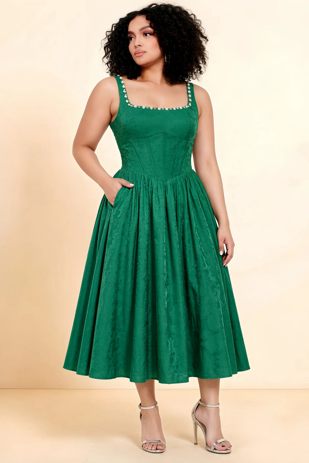Alana Hunter Green Jacquard Pearl Midi Dress with Pockets