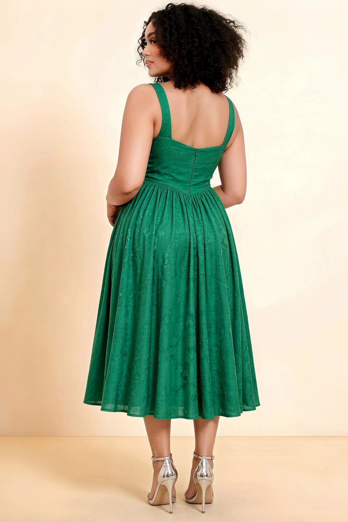 Alana Hunter Green Jacquard Pearl Midi Dress with Pockets