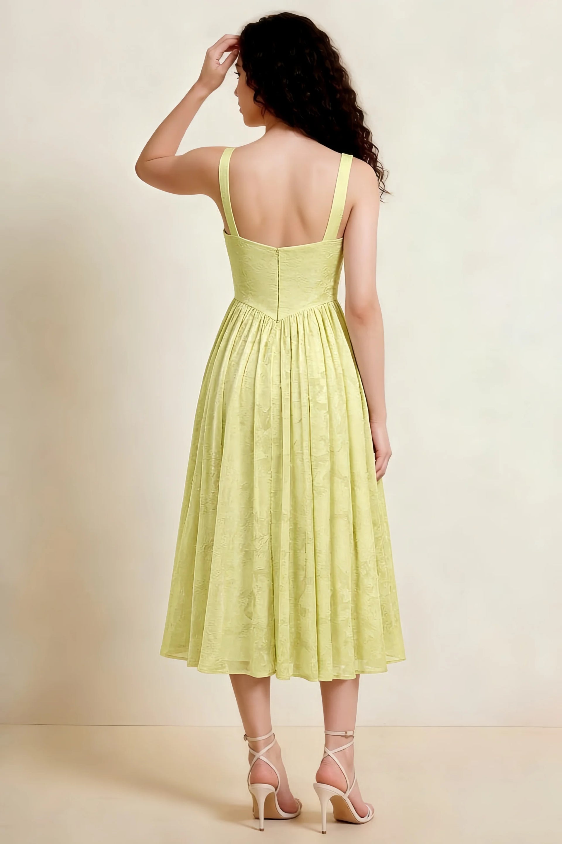 Alana Lemon Jacquard Pearl Midi Dress with Pockets