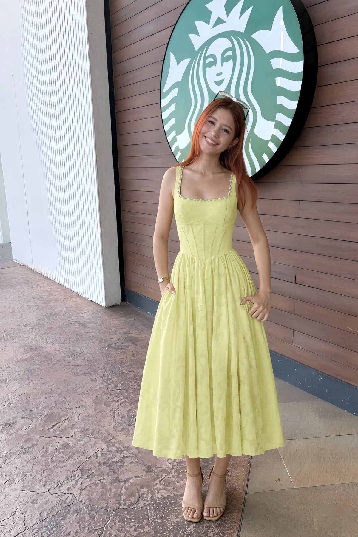 Alana Lemon Jacquard Pearl Midi Dress with Pockets