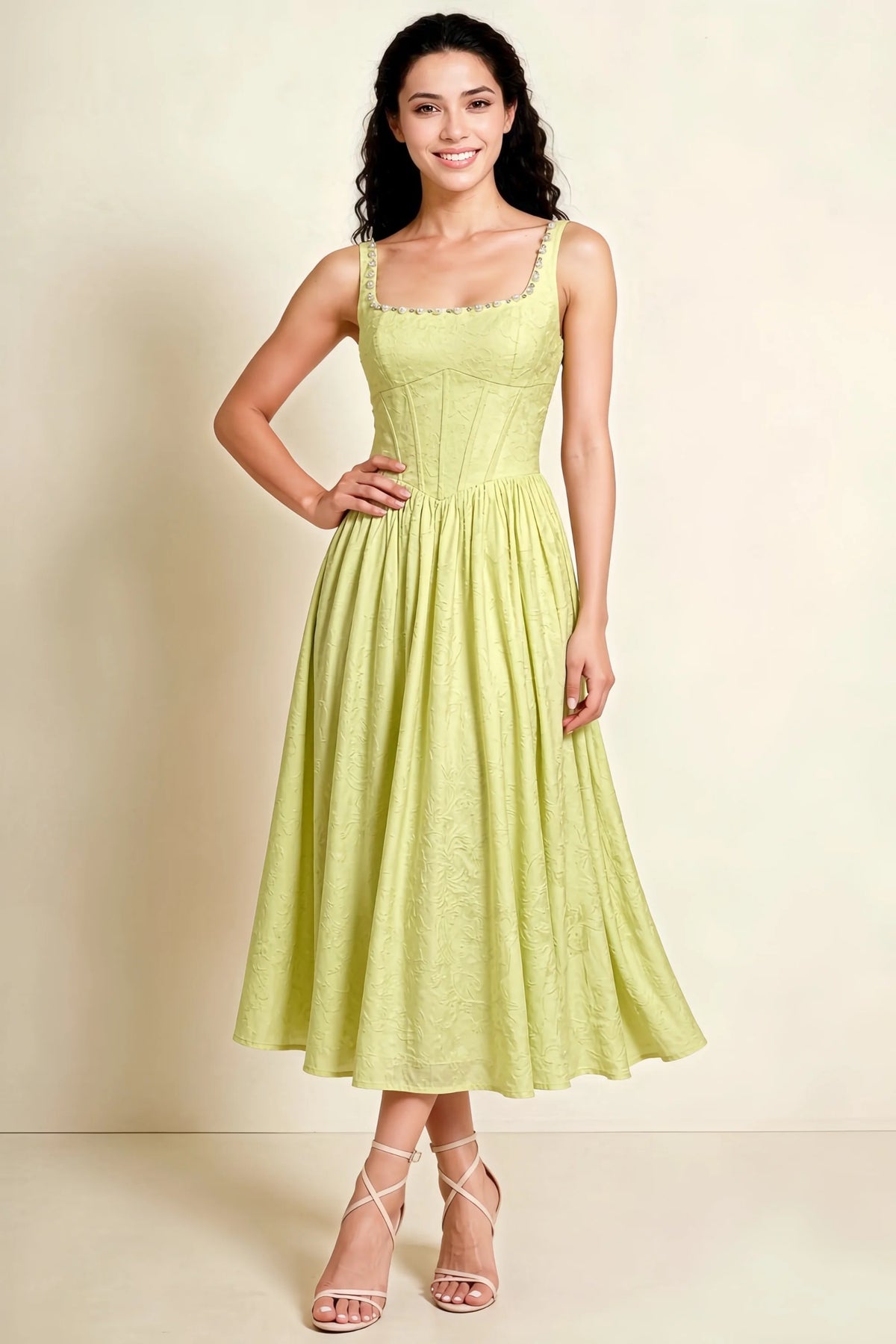 Alana Lemon Jacquard Pearl Midi Dress with Pockets