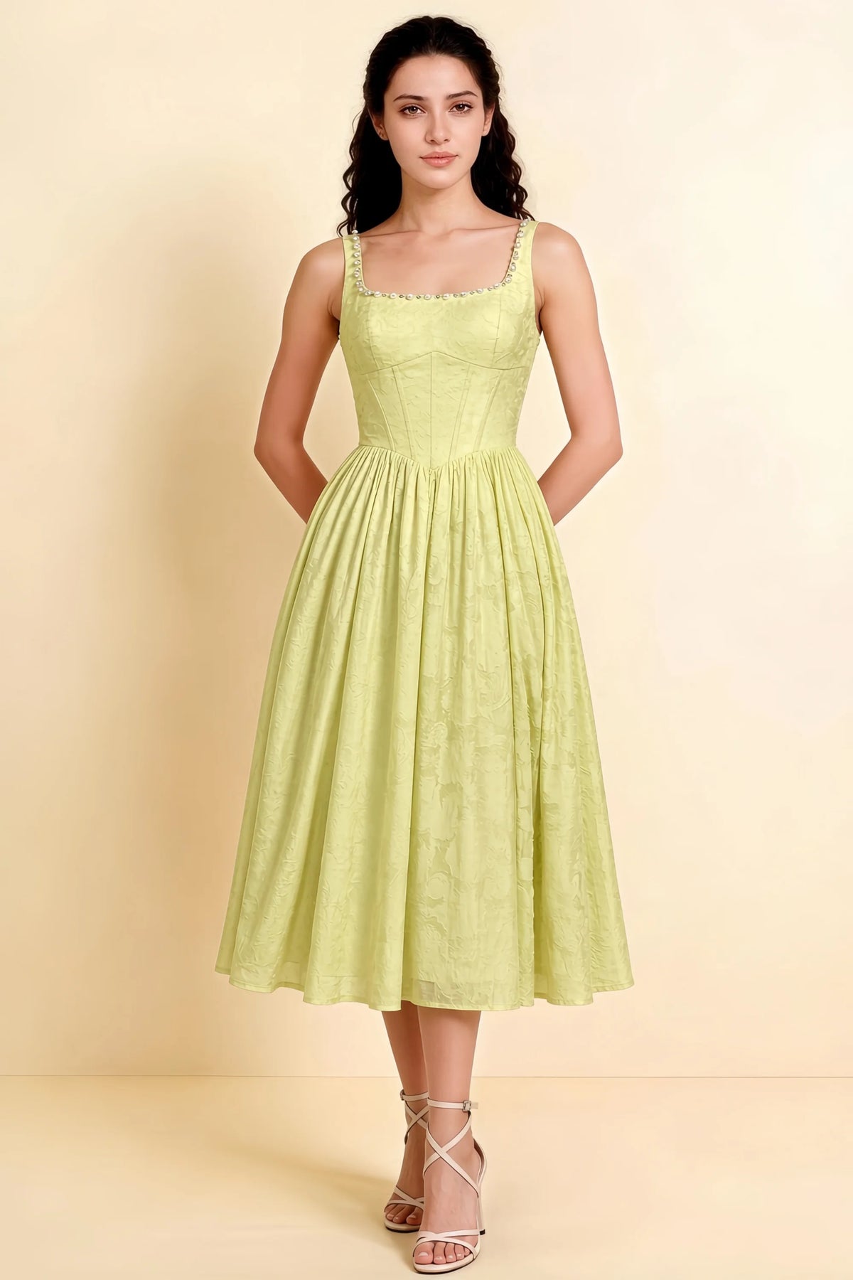 Alana Lemon Jacquard Pearl Midi Dress with Pockets