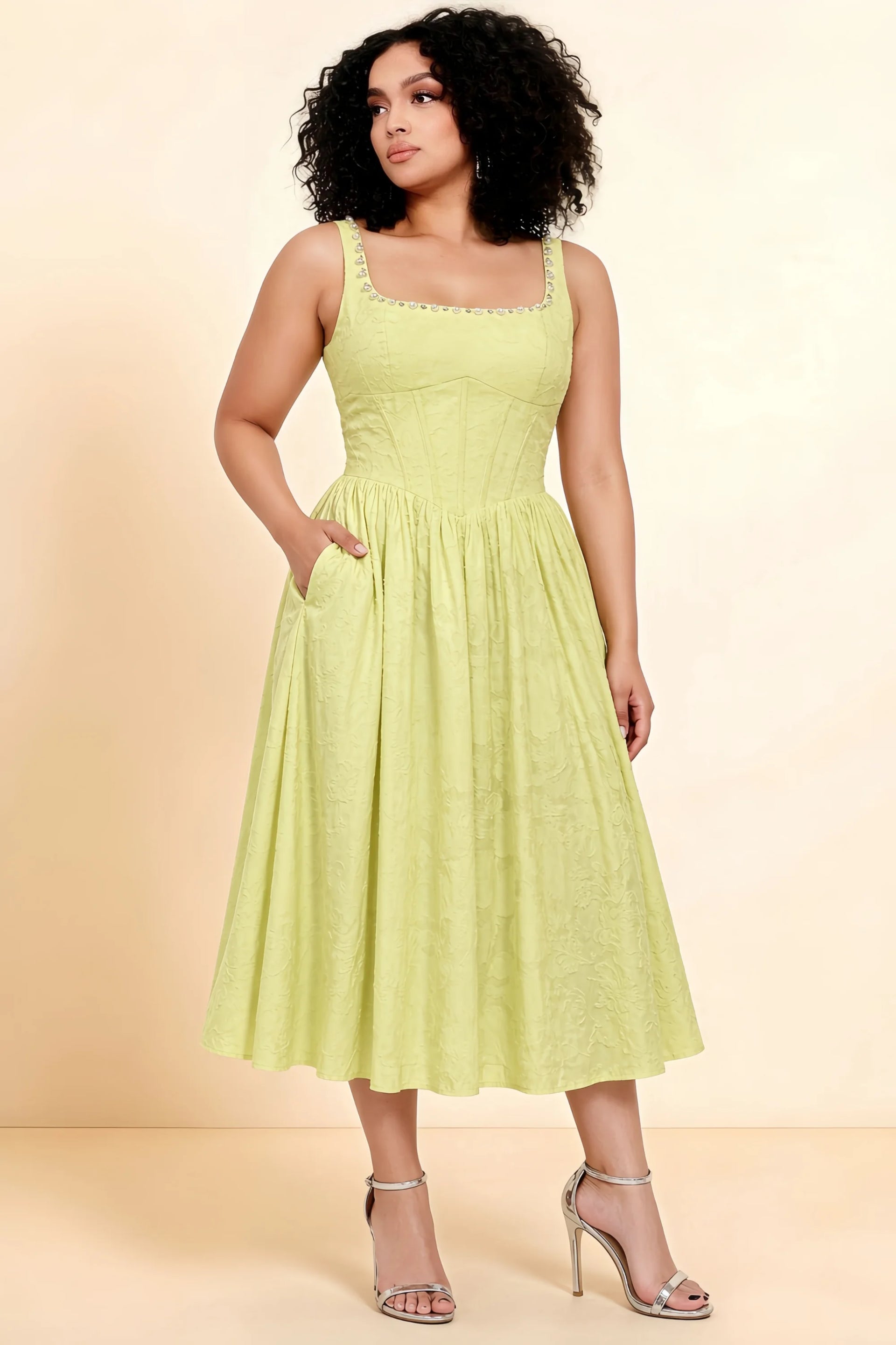 Alana Lemon Jacquard Pearl Midi Dress with Pockets