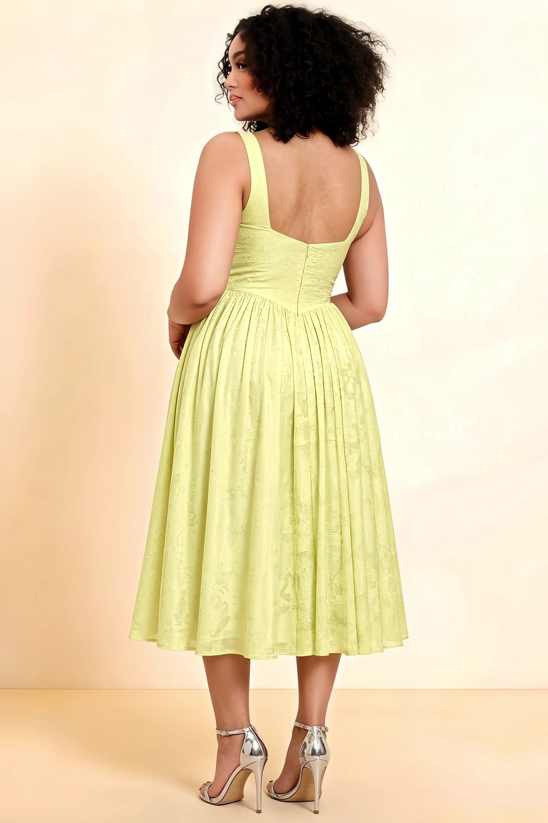Alana Lemon Jacquard Pearl Midi Dress with Pockets