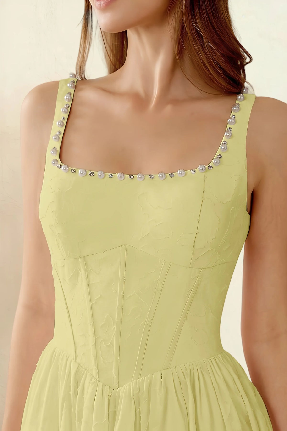 Alana Lemon Jacquard Pearl Midi Dress with Pockets