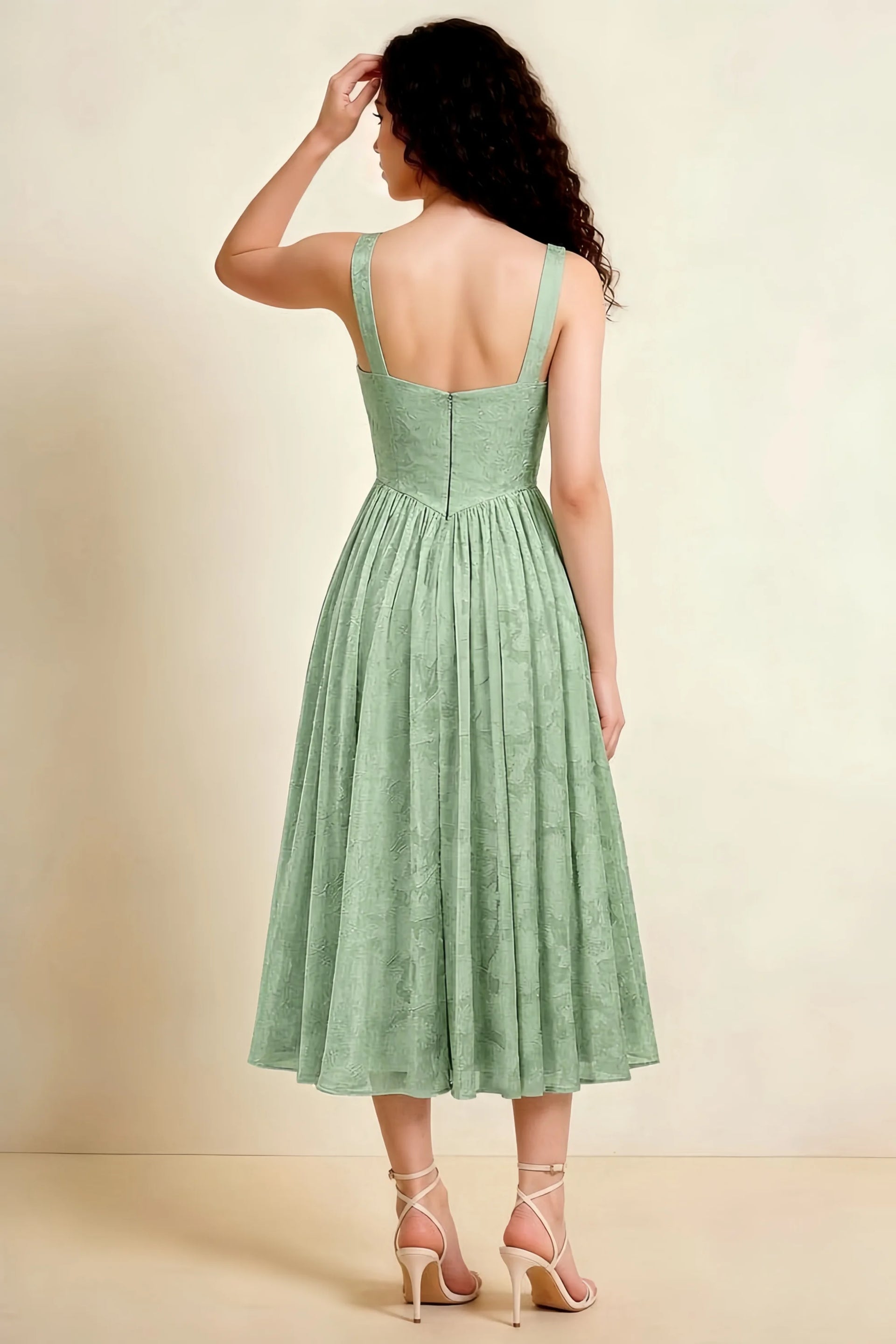 Alana Light Green Jacquard Pearl Midi Dress with Pockets