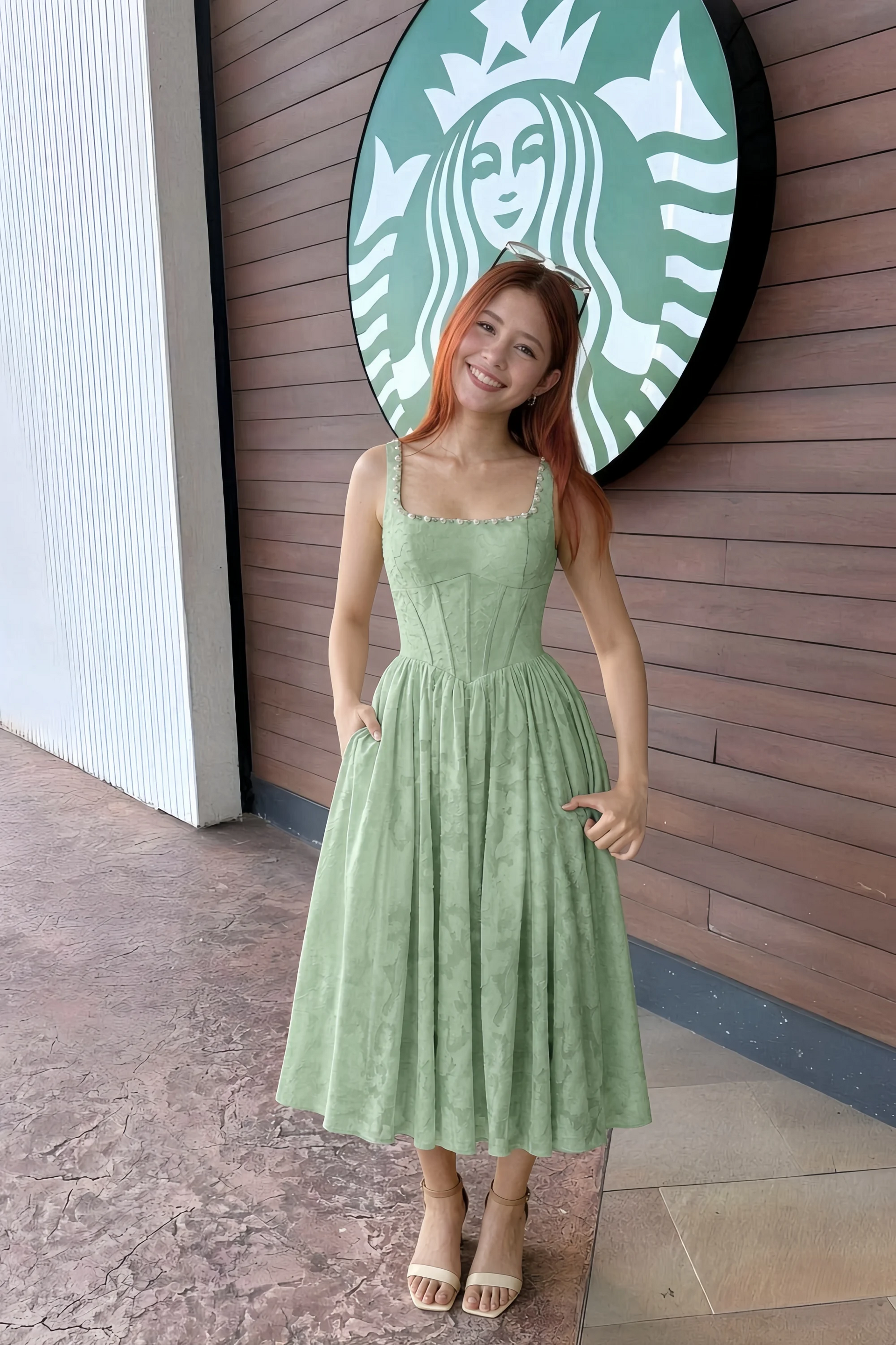 Alana Light Green Jacquard Pearl Midi Dress with Pockets