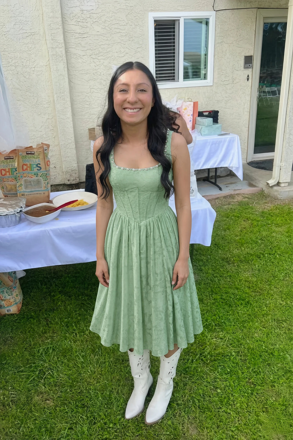 Alana Light Green Jacquard Pearl Midi Dress with Pockets