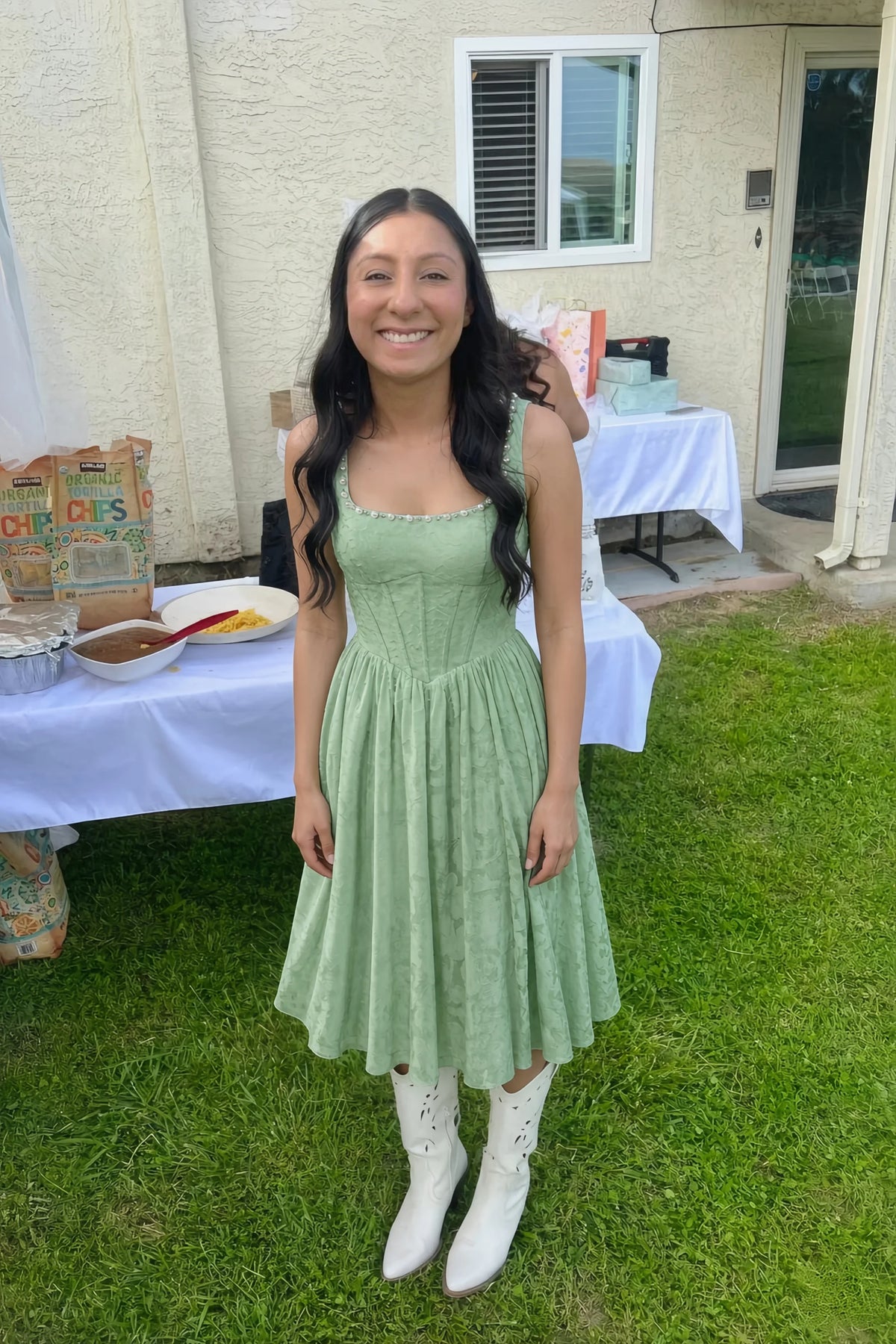 Alana Light Green Jacquard Pearl Midi Dress with Pockets