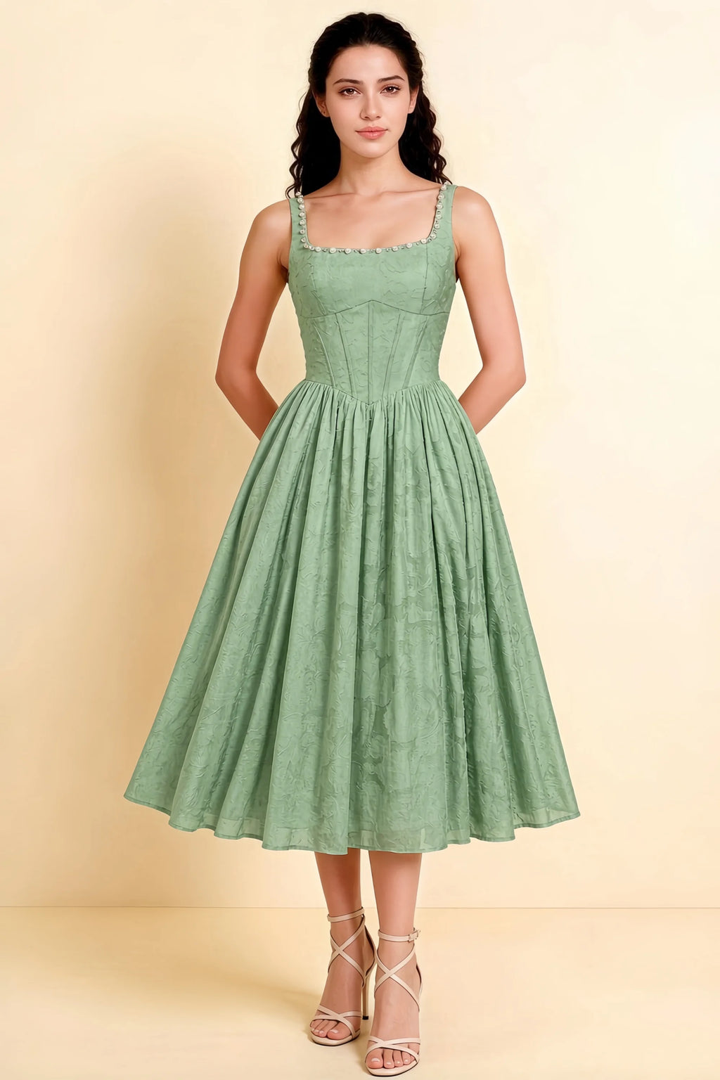 Alana Light Green Jacquard Pearl Midi Dress with Pockets