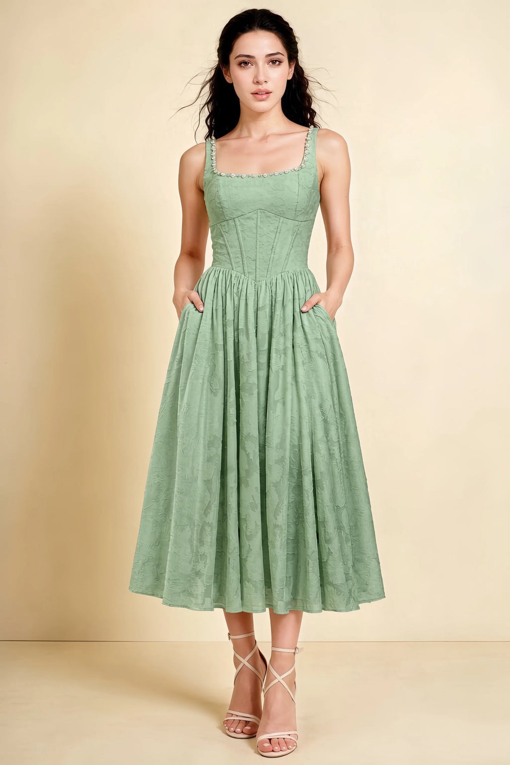 Alana Light Green Jacquard Pearl Midi Dress with Pockets