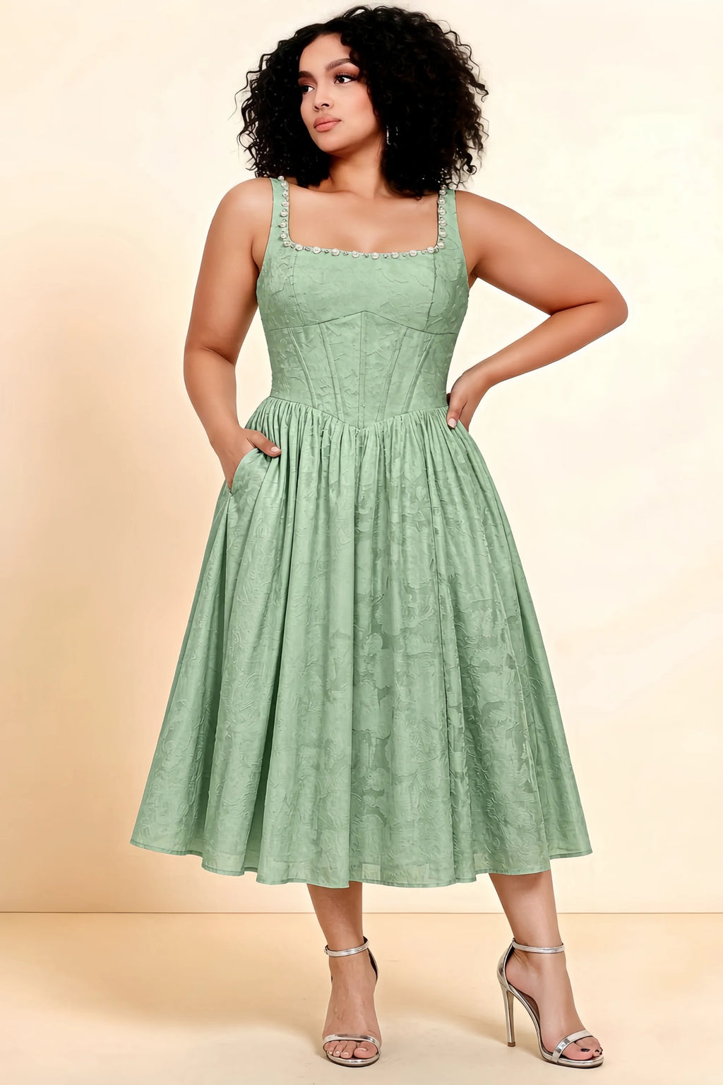 Alana Light Green Jacquard Pearl Midi Dress with Pockets