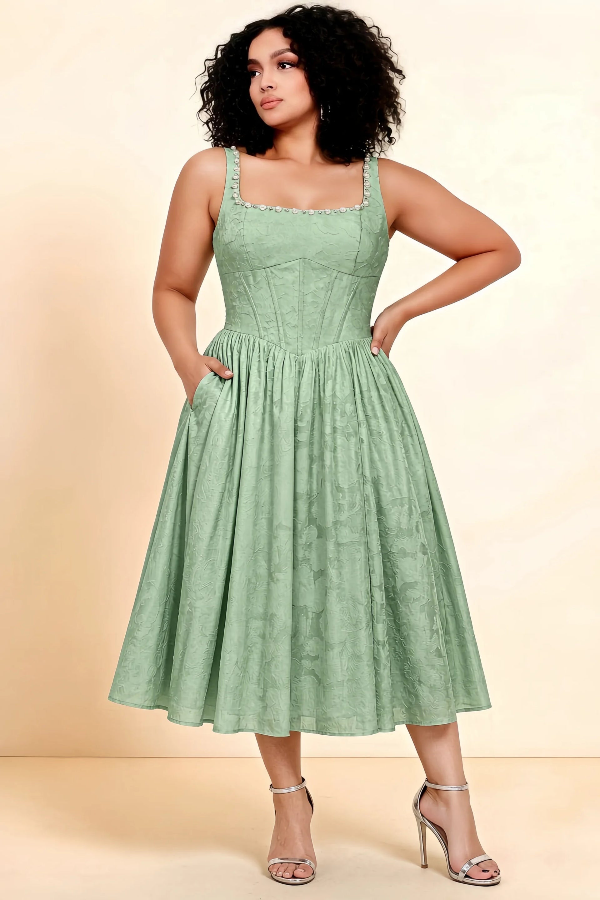Alana Light Green Jacquard Pearl Midi Dress with Pockets