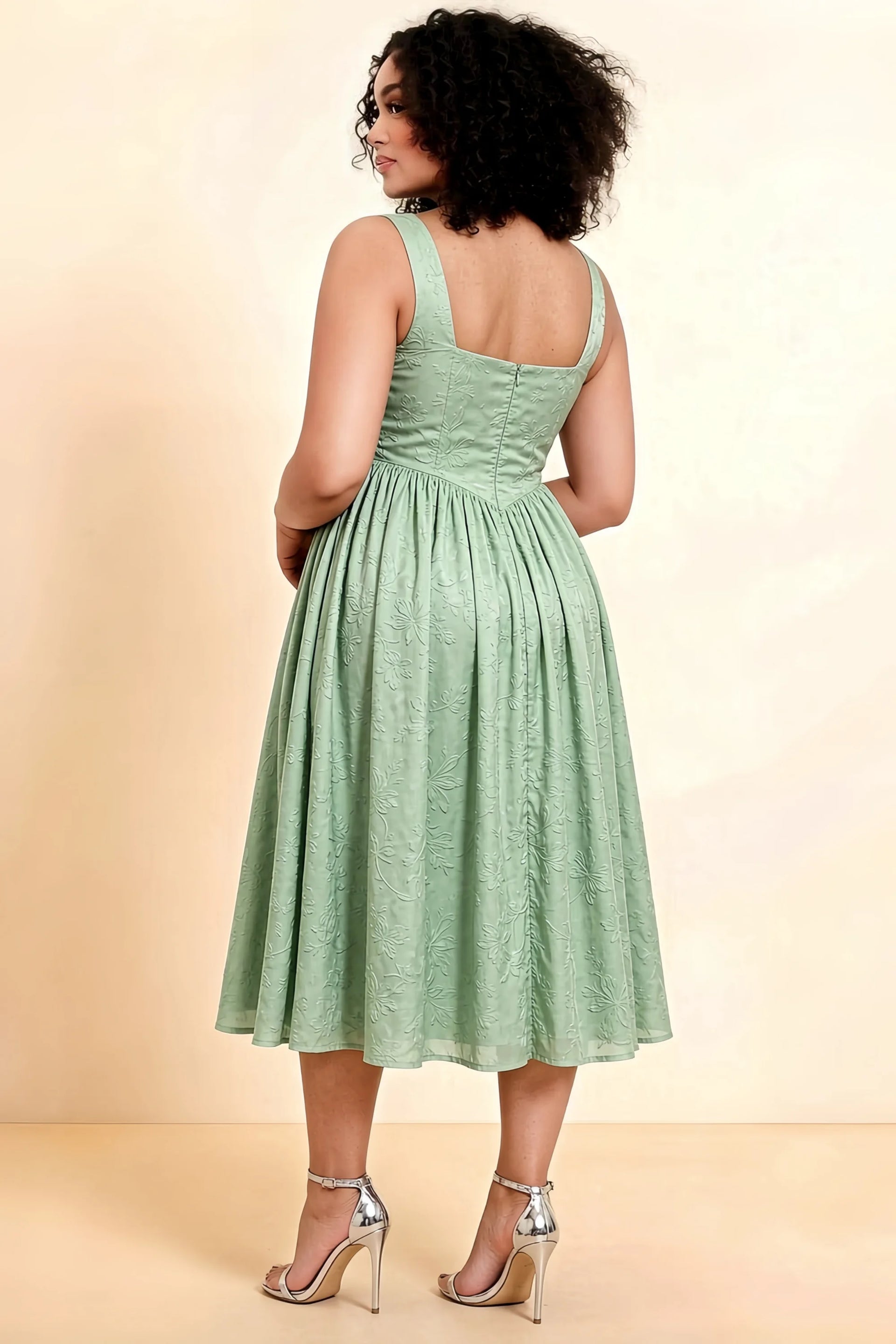 Alana Light Green Jacquard Pearl Midi Dress with Pockets