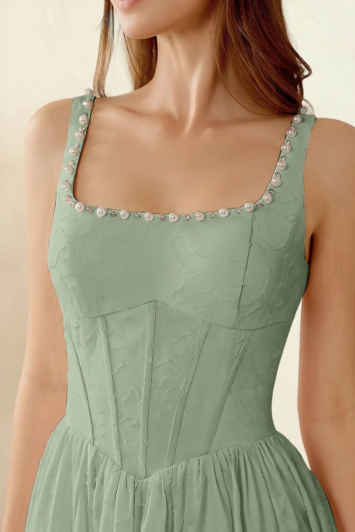 Alana Light Green Jacquard Pearl Midi Dress with Pockets