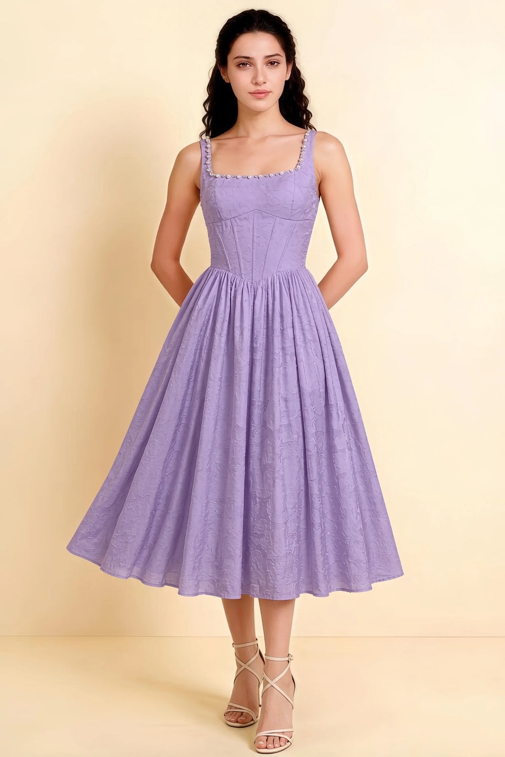 Alana Lilac Jacquard Pearl Midi Dress with Pockets