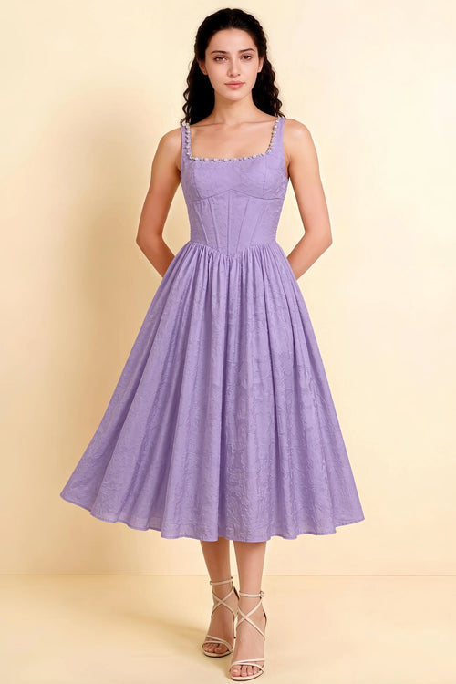 Alana Lilac Jacquard Pearl Midi Dress with Pockets