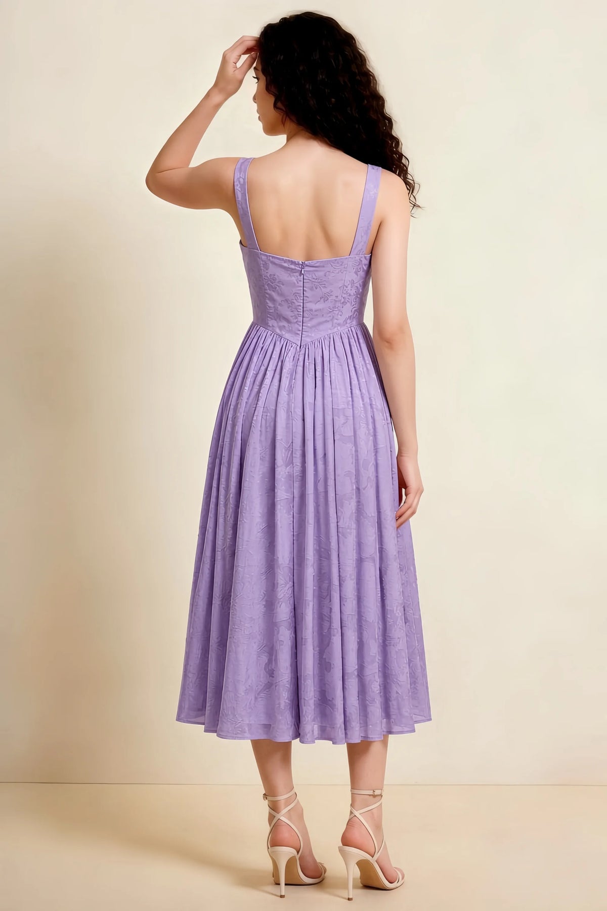 Alana Lilac Jacquard Pearl Midi Dress with Pockets