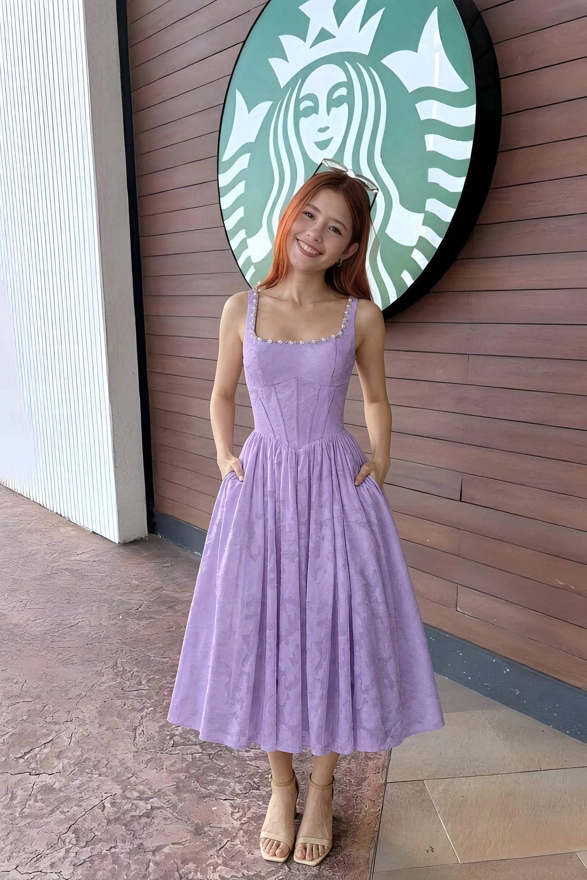 Alana Lilac Jacquard Pearl Midi Dress with Pockets