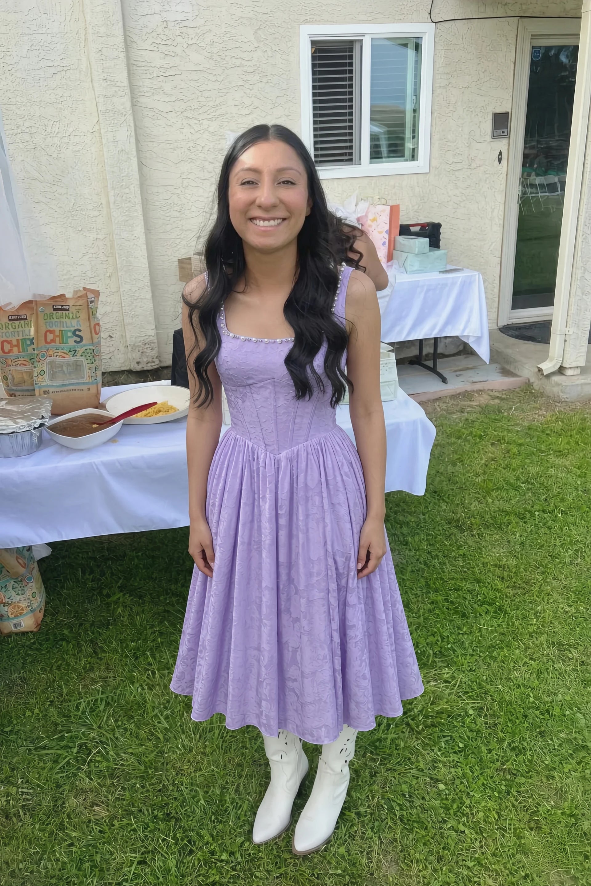 Alana Lilac Jacquard Pearl Midi Dress with Pockets