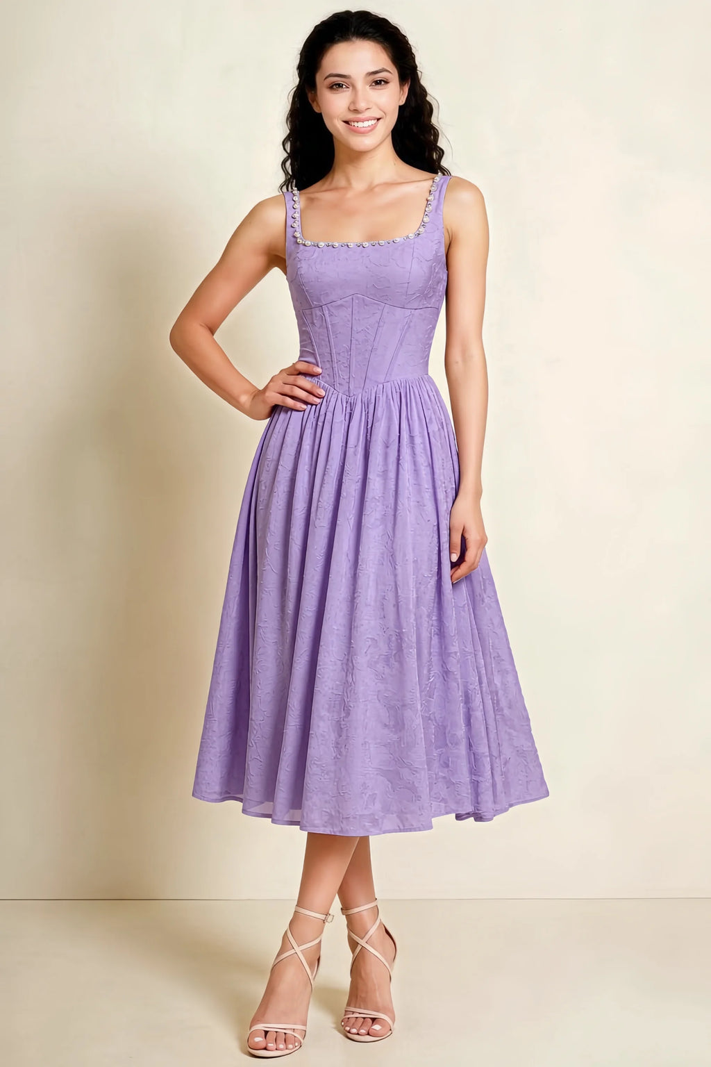 Alana Lilac Jacquard Pearl Midi Dress with Pockets