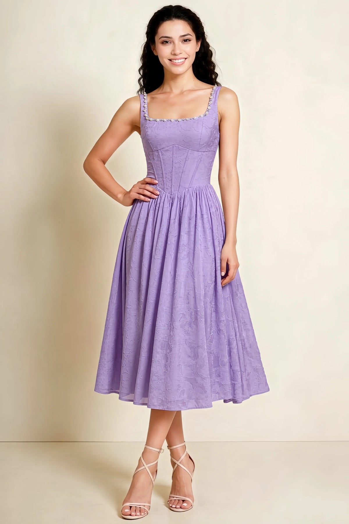 Alana Lilac Jacquard Pearl Midi Dress with Pockets