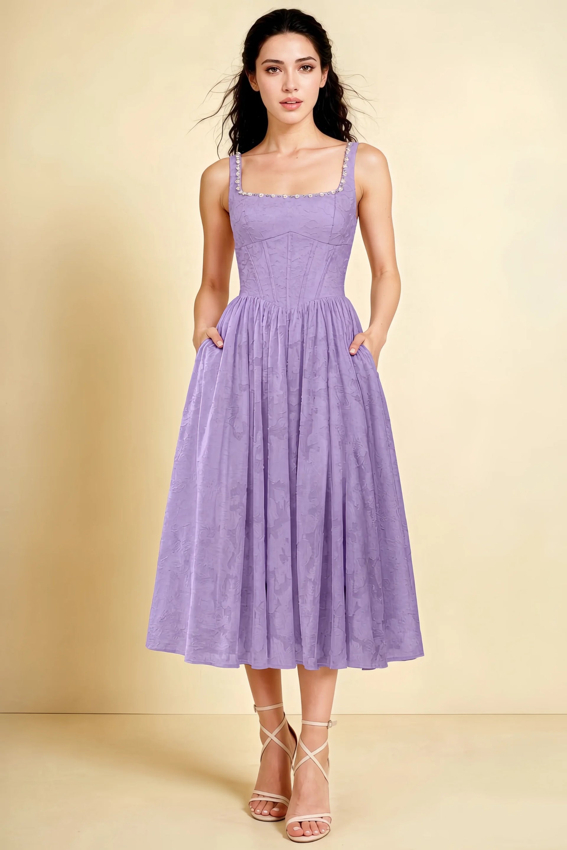 Alana Lilac Jacquard Pearl Midi Dress with Pockets